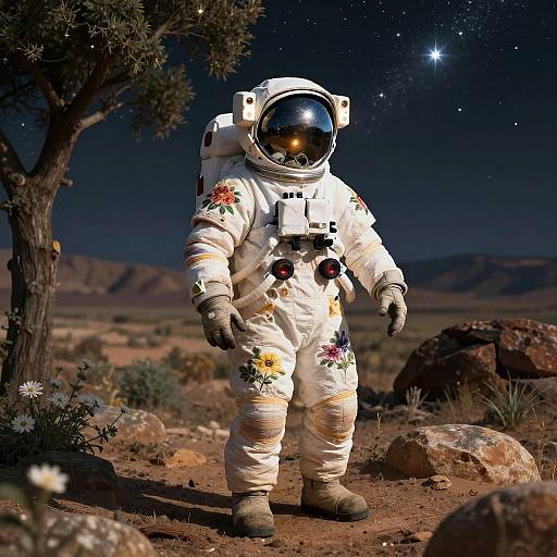 Photorealistic CGI of an astronaut with floral embroidery on a white spacesuit, standing in a starry desert night, near a tree and rocks.