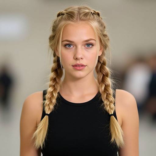 Photograph of a young blonde woman with blue eyes, wearing a black sleeveless top, with twin braids and a serious expression, blurred background.
