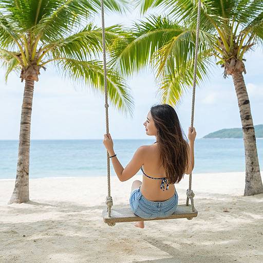 Photograph of a woman with long brown hair, wearing a black bikini top and blue denim shorts, sitting on a wooden swing between two palm trees on