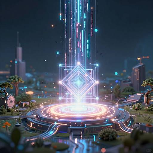 Digital CGI artwork of a glowing, neon-lit, futuristic cityscape with a central holographic structure emitting bright blue and white lights. Surrounding the