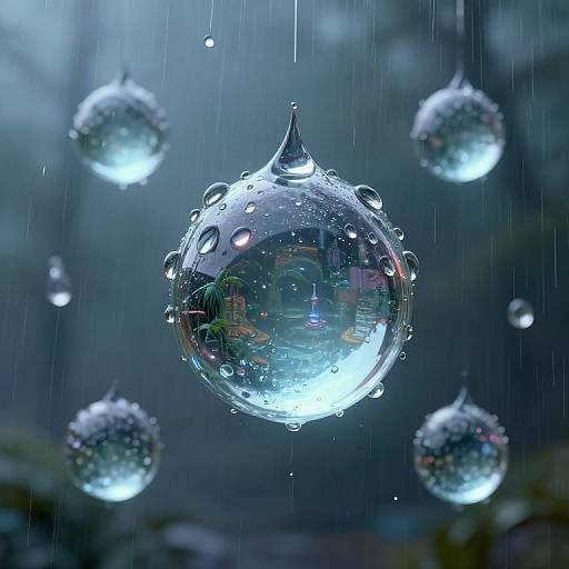 Photograph of glowing, raindrop-shaped glass ornaments with water droplets, reflecting colorful lights, suspended in a blue, rainy outdoor setting.