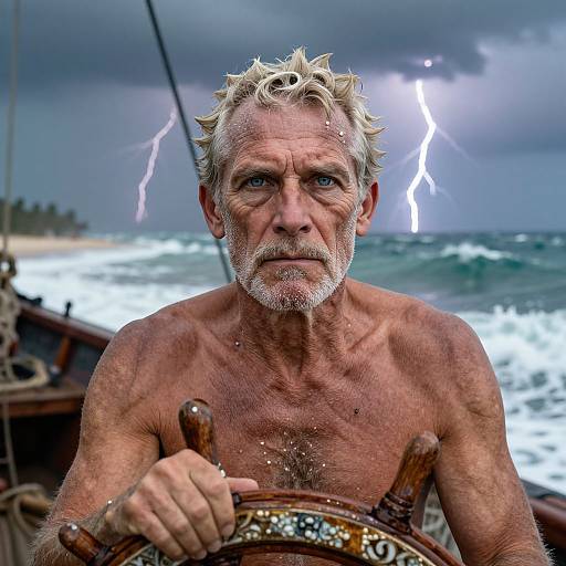 Photograph of a rugged, shirtless older man with wet, tousled blonde hair and blue eyes, gripping a boat wheel during a stormy sea