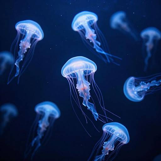 Photograph of glowing blue jellyfish with translucent, umbrella-shaped bodies and long, flowing tentacles floating in a dark blue underwater environment.