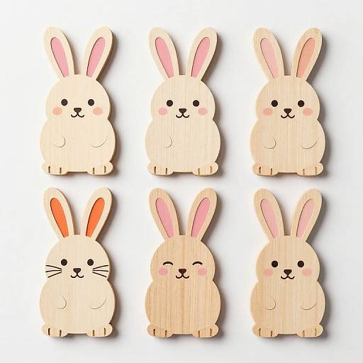 Cartoon drawing of six cute, beige bunnies with pink inner ears, black eyes, and blushing cheeks, arranged in two rows.