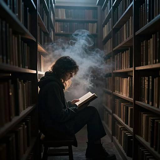 Photograph of a silhouetted person with long hair, smoking, sitting in a narrow, dimly lit library aisle, surrounded by booksh