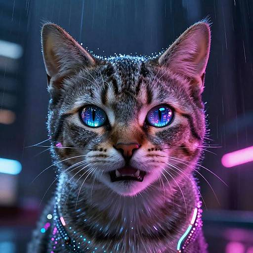 Photorealistic digital artwork of a tabby cat with glowing blue eyes, wearing a sparkly collar, in a neon-lit, rainy urban night