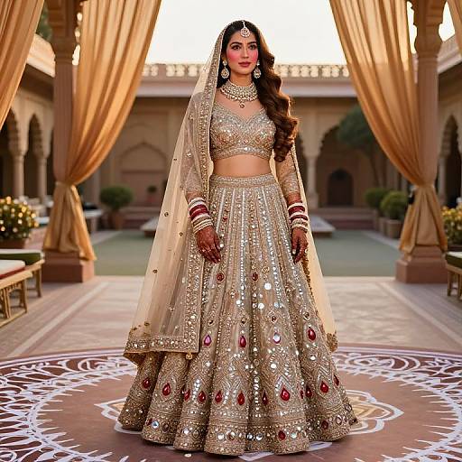 Photograph of a beautiful South Asian woman in an elaborate, gold and red sequined lehenga with a sheer veil, standing in a grand, ar