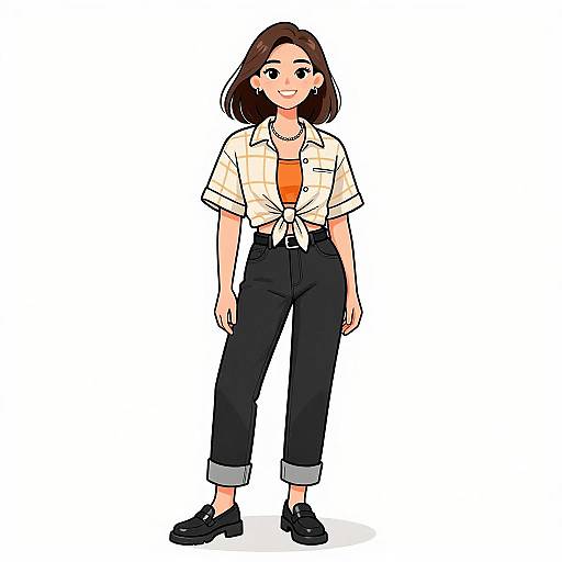 Digital anime-style drawing of a smiling woman with shoulder-length brown hair, wearing a tied white shirt, orange top, black pants, and black shoes,