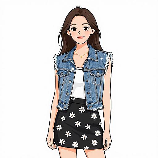Digital illustration of a young woman with long brown hair, wearing a blue denim vest, white top, and black floral skirt, standing against a white background