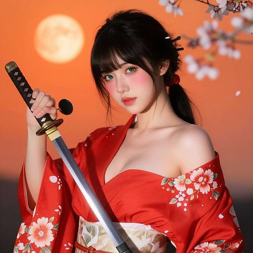 Digital art of a beautiful Asian woman in a red floral kimono holding a katana, against an orange sunset with cherry blossoms.