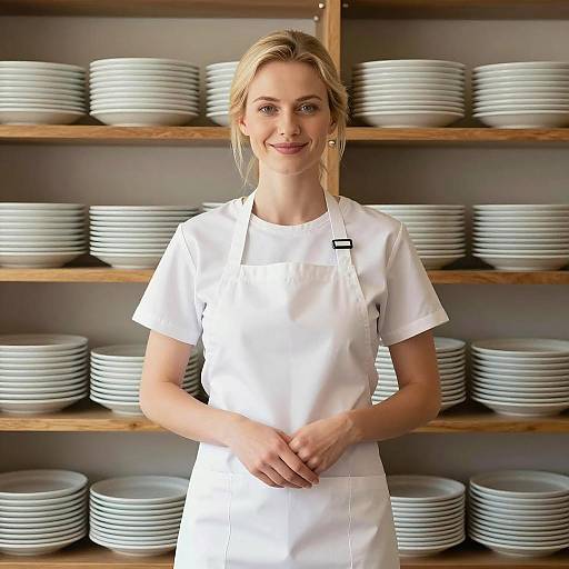 Smiling Woman in White Apron in Professional Kitchen