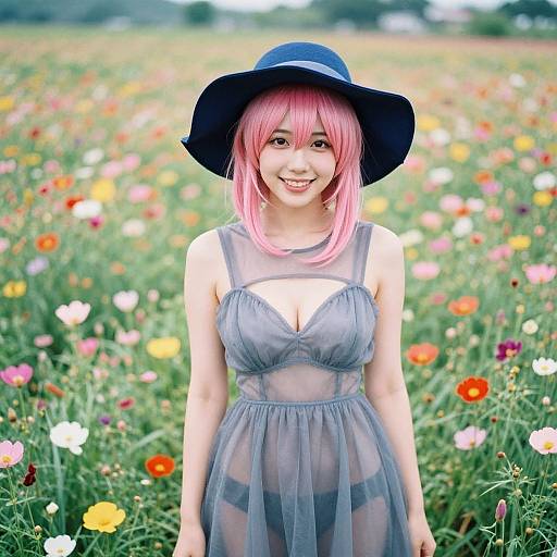 Photograph of a smiling Asian woman with pink hair, wearing a black sunhat and sheer grey dress, standing in a colorful flower field.