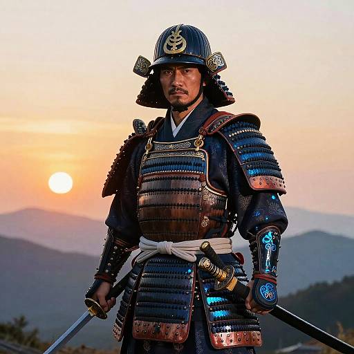 Photograph of a serious Japanese samurai in traditional armor with blue and black hues, standing against a sunset mountain landscape.