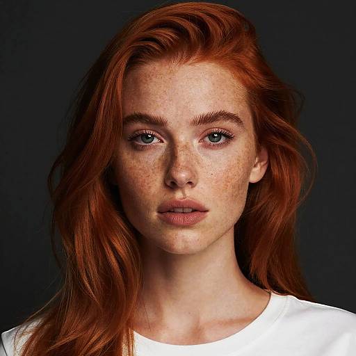 Photograph of a fair-skinned, red-haired woman with freckles, blue eyes, and full lips, wearing a white shirt, against a