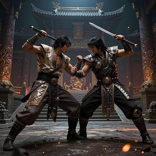 Digital artwork of two muscular, black-haired warriors in ornate, metallic armor, dual-wielding swords in a dimly lit, ancient temple.