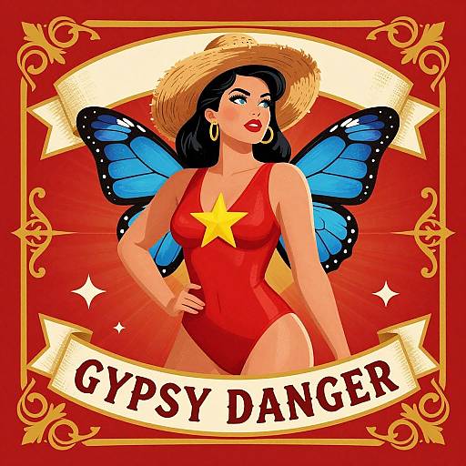 Digital illustration of a red-clad, fair-skinned woman with blue butterfly wings, straw hat, and star, labeled 