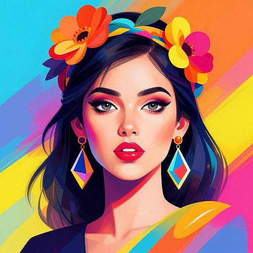 Digital pop art portrait of a woman with black hair, orange flower crown, red lipstick, blue diamond earrings, against vibrant rainbow background.