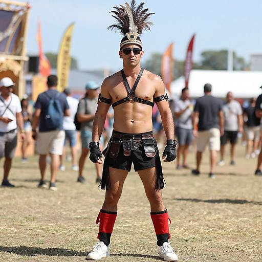 Photograph of a shirtless man in Native American-inspired attire, including a feathered headdress, black leather harness, shorts, red leg bands,