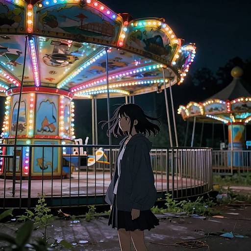 Alone Anime Girl in Abandoned Amusement Park