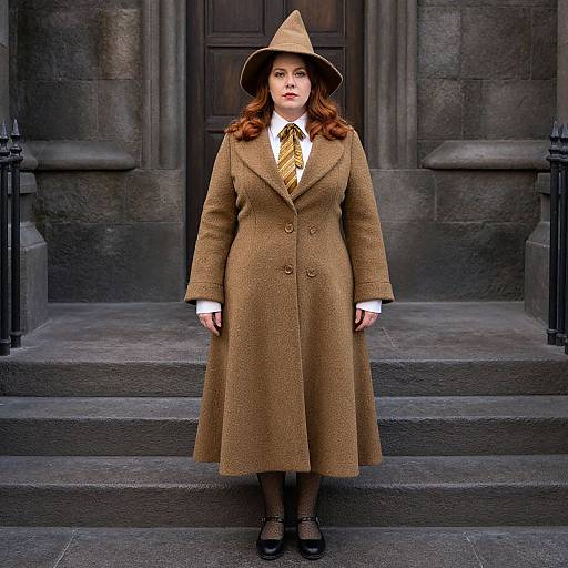 Photograph of a red-haired woman in a brown tweed coat, yellow tie, and hat, standing on stone steps, with a dark wooden door