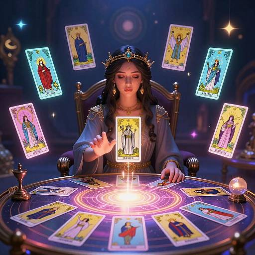 Photorealistic digital art: A crowned woman with dark hair and jewelry, surrounded by floating Tarot cards, performs a ritual over a glowing, illuminated