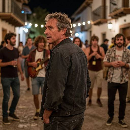 Photograph of middle-aged man with graying hair in black denim shirt, standing in a night-time, cobblestone street, surrounded by musicians playing