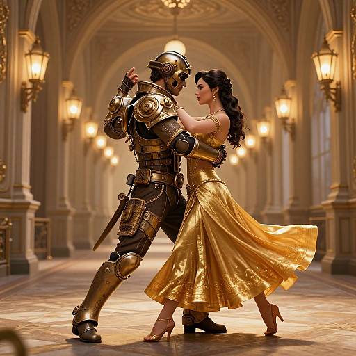 Digital art of a golden-armored knight and a flowing-gold dress woman dancing in a grand, lit, arched hallway.