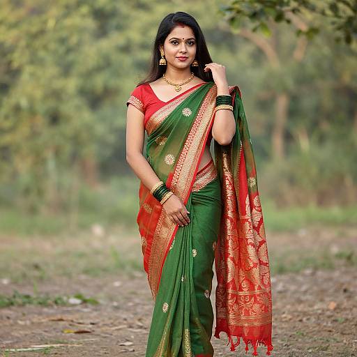 Photograph of a South Asian woman in a green and red traditional sari, adorned with gold embroidery, standing outdoors on a dirt path with greenery