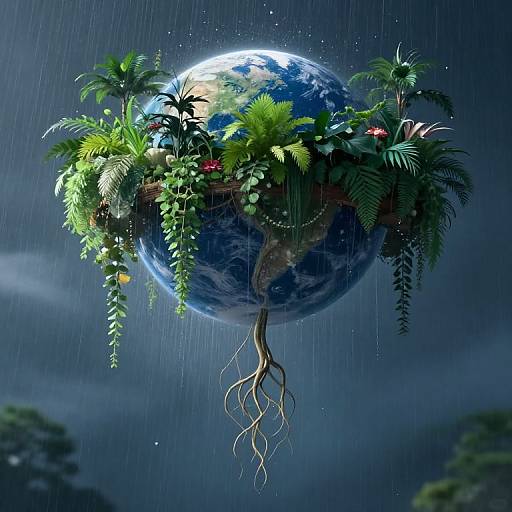 Digital artwork of a rain-soaked Earth floating in space, adorned with lush green plants, vines, and roots, set against a dark, starry