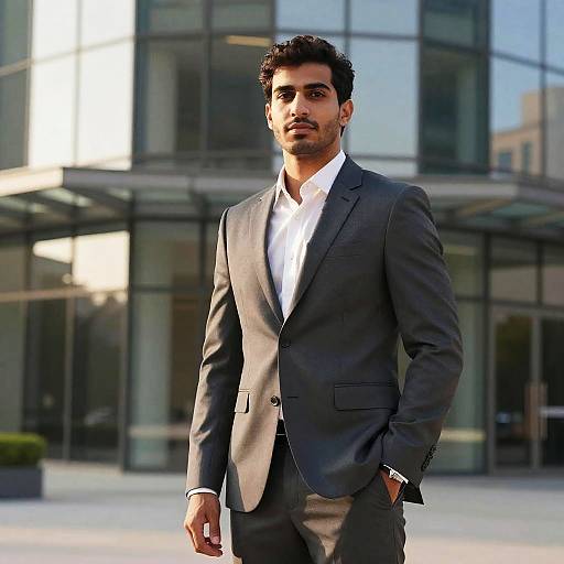 Photograph of a handsome South Asian man with curly black hair, light brown skin, and a trimmed beard, wearing a gray suit and white shirt,