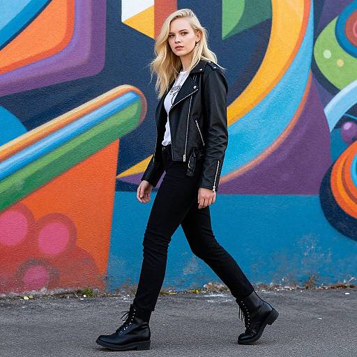 Photograph of a blonde woman with long hair, wearing a black leather jacket, white shirt, black jeans, and black boots, walking past a colorful