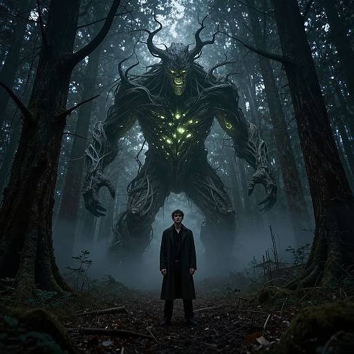 Digital art: Mysterious forest at night, man in dark coat stands before towering, menacing, glowing-eyed monster with twisted horns and bark-like skin.