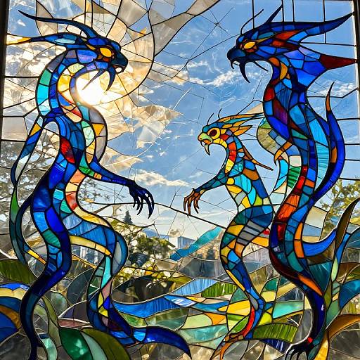 Stunning stained glass artwork depicting two vibrant, colorful, serpentine dragon-like creatures facing each other under a bright blue sky with clouds.