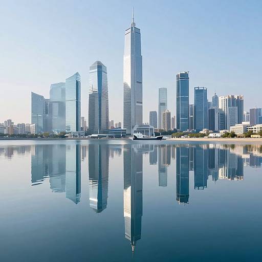 Photograph of a modern city skyline reflected in a calm, mirror-like water surface under a clear, bright blue sky.