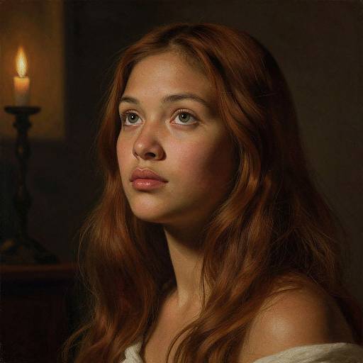 Photograph of a young woman with long, wavy auburn hair and fair skin, illuminated by a dimly lit candle, wearing a white
