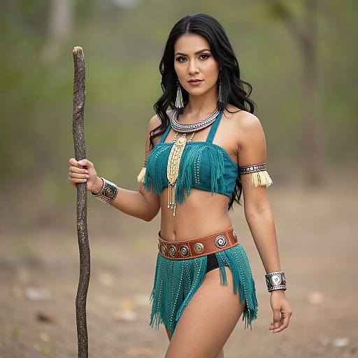 Photograph of a confident, dark-haired woman in a turquoise fringe bikini and skirt, holding a stick, adorned with silver jewelry, in a forest background