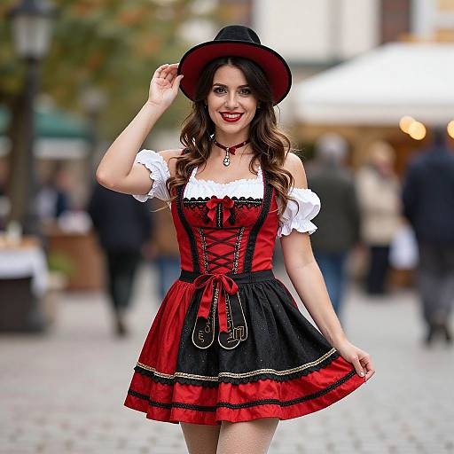 Photograph of a smiling woman with long brown hair, wearing a black hat, red and black corset dress, white puffed sleeves, and black