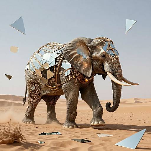 Digital artwork of a mosaic-covered elephant with reflective tiles and geometric shapes, standing in a sunny, desert landscape.