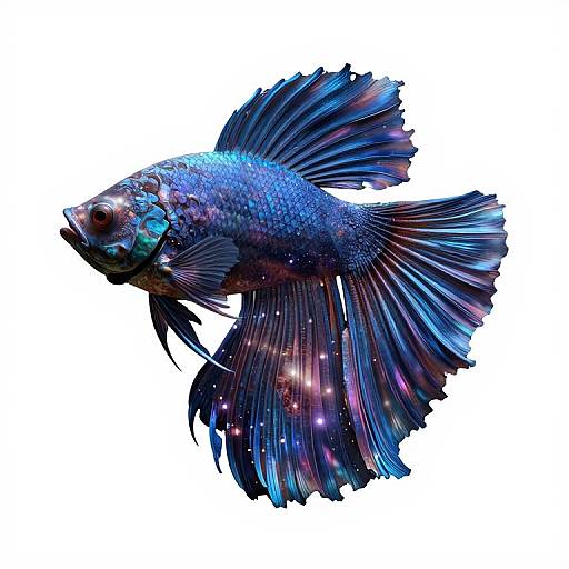 Digital illustration of a vibrant blue, iridescent guppy fish with detailed scales, flowing fins, and sparkling highlights against a white background.
