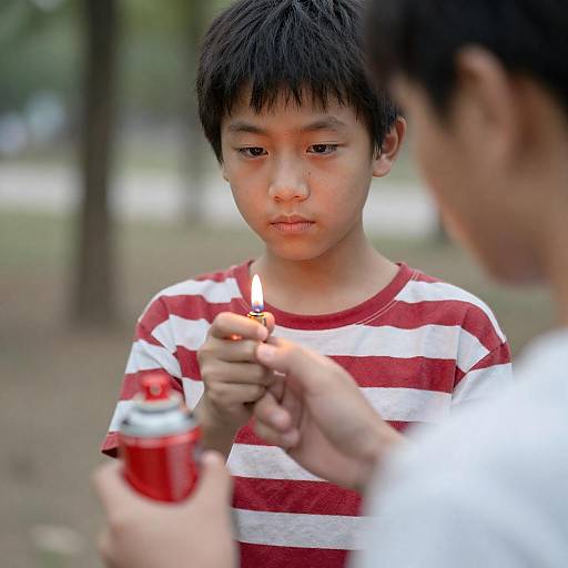 Young Asian Boy Lighting Spray Can