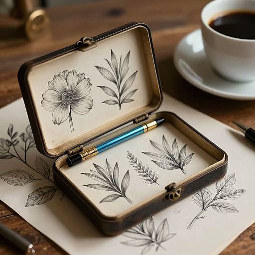 Photograph of an open, vintage black leather case with detailed black ink botanical drawings, blue pen inside, on a wooden table with a cup of coffee