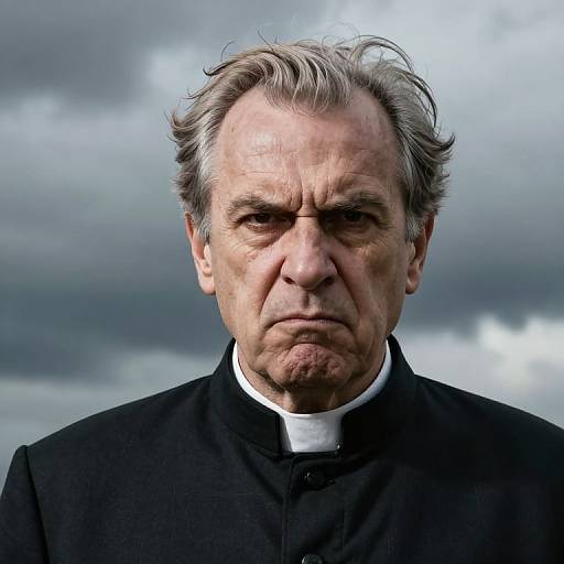 Photograph of an elderly man with grey hair, deep-set eyes, and stern expression, wearing a black jacket over a white shirt, against a cloudy