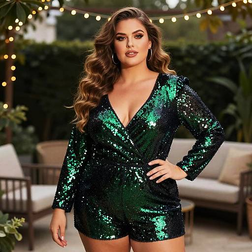 Photograph of a curvy woman with long, wavy brown hair, wearing a deep V-neck, sequined green and black jumpsuit, standing