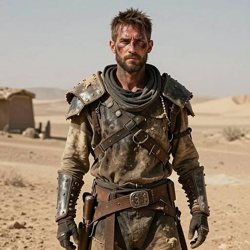 Photograph of a rugged, bearded man in dirty, armored desert warrior attire, blood on his face, standing in a dusty, sunlit desert