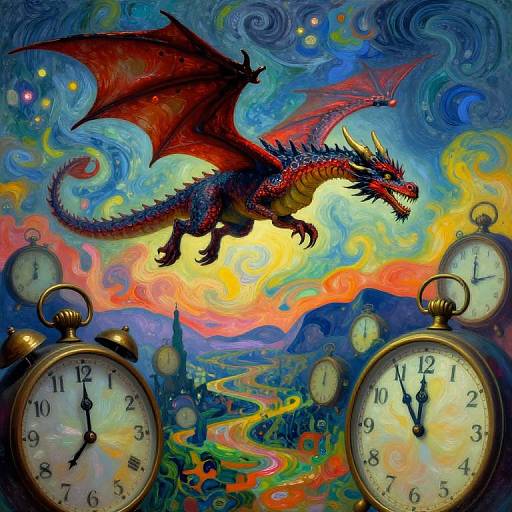 Vibrant digital painting: a red, winged dragon flies over a surreal, swirling landscape with clock hands pointing different times, blending vivid blues,