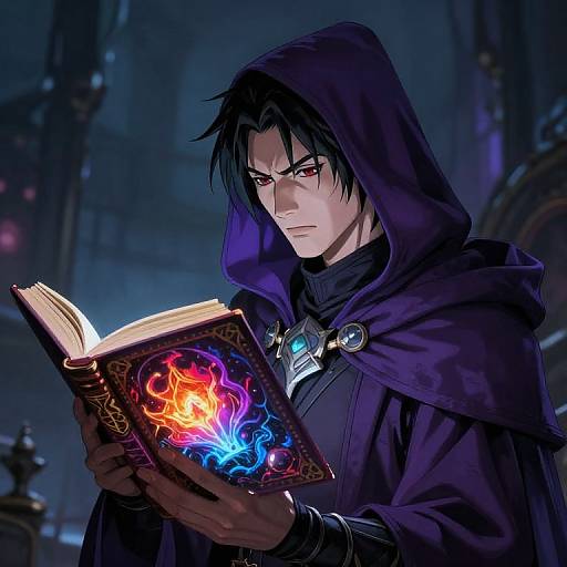 Digital anime-style artwork of a serious, dark-haired man in a purple hooded cloak reading a glowing, magical book with fiery and blue runes.