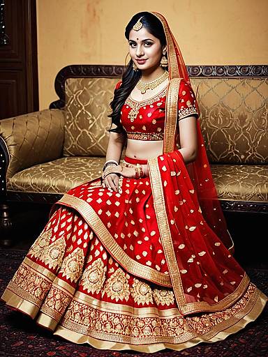 Woman in Red and Gold Silk Wedding Lehenga Choli