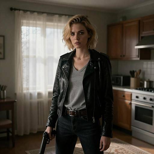 Intense Woman in Dim Kitchen Setting