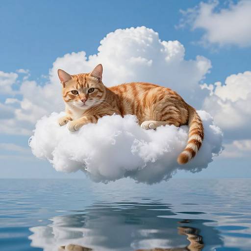 Photograph of a tabby cat with orange and black stripes lounging on a fluffy white cloud against a bright blue sky and calm water below, creating