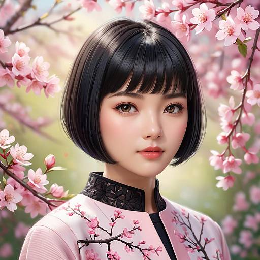 Soft-lit Portrait with Pink Flowering Branches